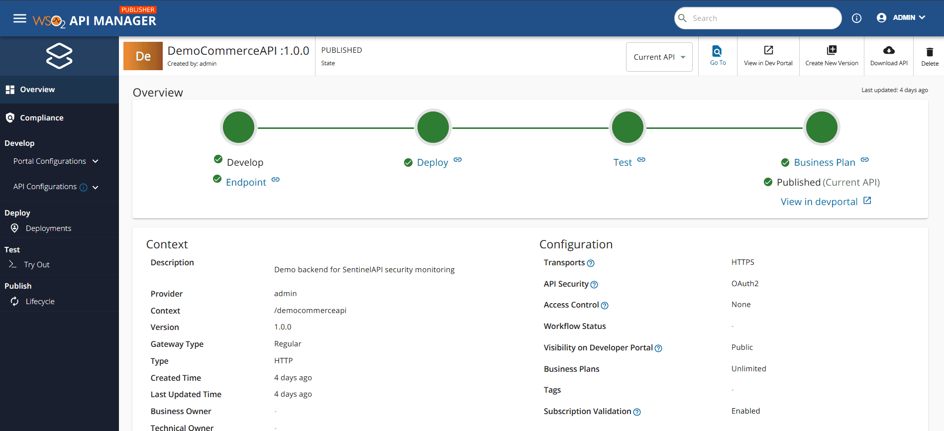 01 — WSO2 API Publisher. DemoCommerceAPI is published with OAuth2 and subscription validation enabled.